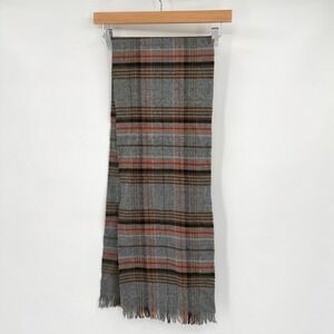 Vintage Grey Tartan Plaid Fringe Scarf Pink/Tan/Black Acrylic Made in France